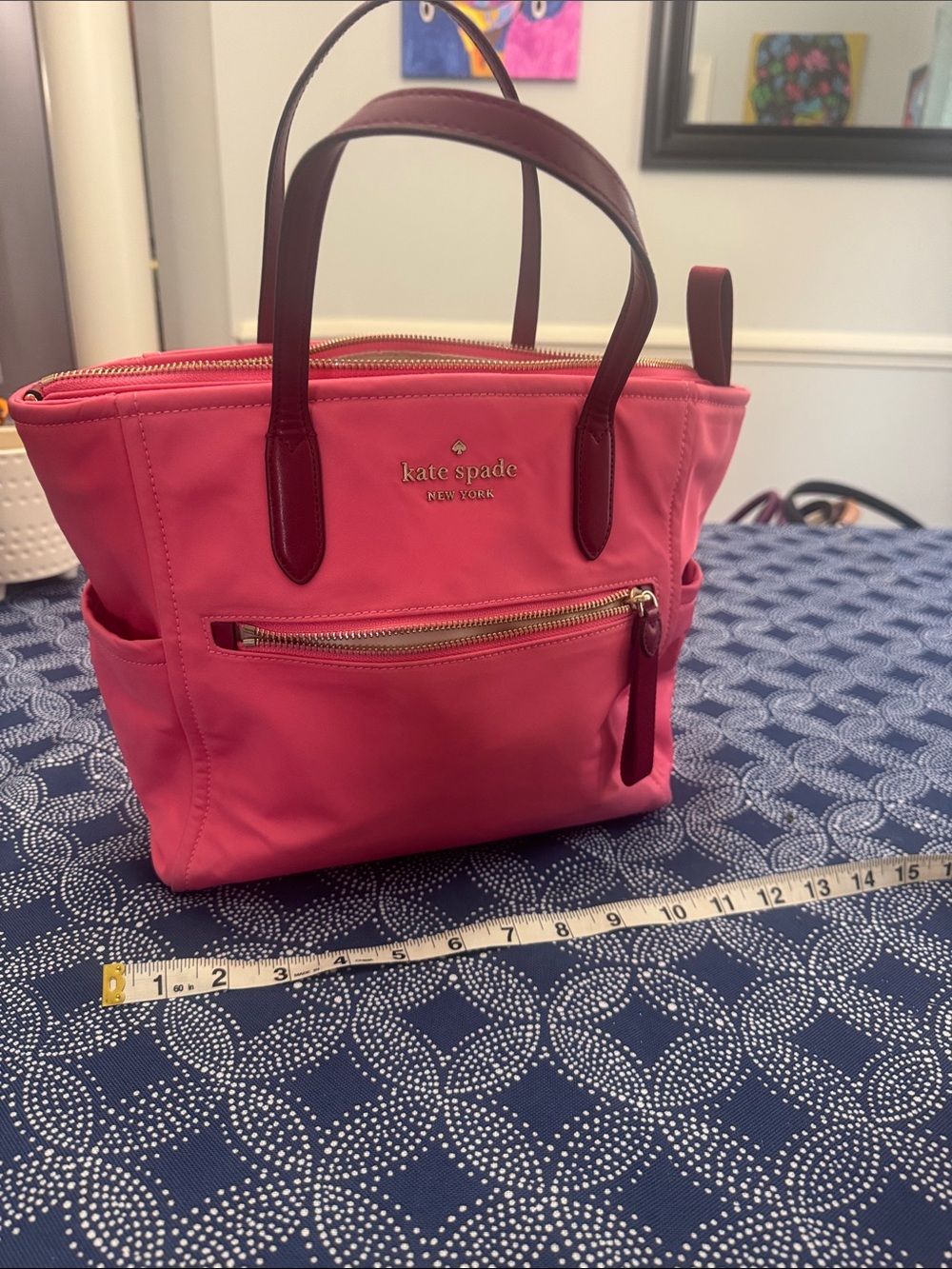 kate spade pink nylon tote with dark pink/burgundy trim